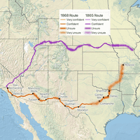 Map of the western United States with Shackelford 1865 route in purple and 1868 route in orange.