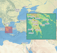 Map of Eastern Mediterranean and Black Seas with the locations of Istanbul, Odesa, Alexandria Egypt, Ioannina, Vostitsa, Patras, Kalavryta, Navarino, Methoni, Tripolis, Nauplio, Athens and Kalamata indicated.