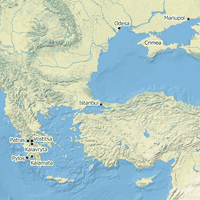 Map of Eastern Mediterranean and Black Seas with the locations of Istanbul, Crimea, Mariupol, Odesa, Vostitsa, Patras, Kalavryta, Pylos, and Kalamata indicated.