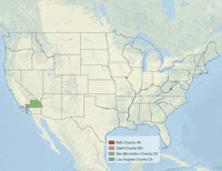 Map of the United States from East Coast to Texas with Culpeper and Stafford counties in Virginia, Boone and Clark Counties in Missouri, and Tarrant and Bosque counties in Texas indicated.