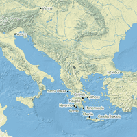 Map of Eastern Mediterranean Sea with the locations of Venice, Istanbul, Vienna,  Corinth, Coron, Monemvasia, Athens, Nauplio, Navarino, Santa Maura, Chania, and Candia/Irakleio indicated.