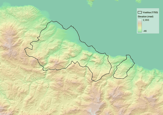 Map of terrain in northern Peloponnese with outline of Vostitsa territory in 1700.