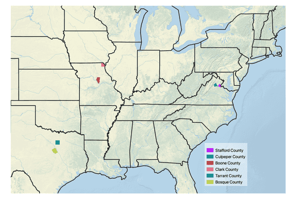 Map of the United States from East Coast to Texas with Culpeper and Stafford counties in Virginia, Boone and Clark Counties in Missouri, and Tarrant and Bosque counties in Texas indicated.