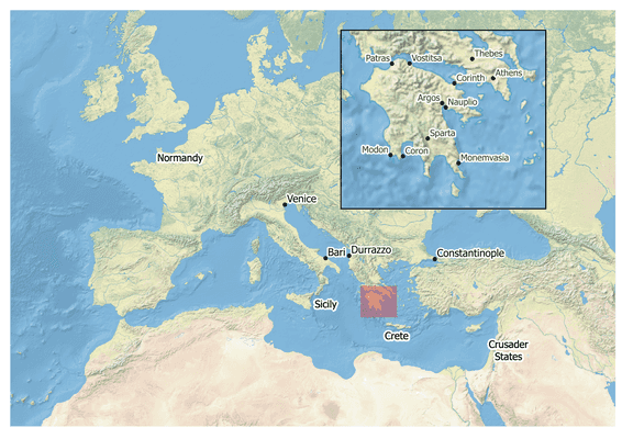 Map of Europe, the Middle East, and North Africa centered on the Mediterranean Sea with an inset map of the Peloponnese and Central Greece with the locations of Normandy, Sicily, Bari, Venice, Durrazzo, Constantinople, Crusader States, Crete, Thebes, Athens, Corinth, Vostitsa, Patras, Modon, Coron, Sparta, and Monemvasia.