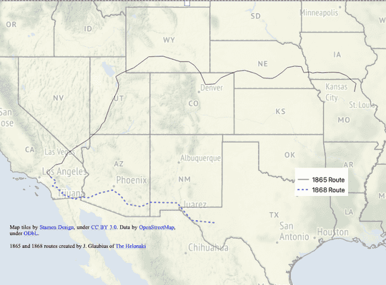 Map of the Western United States showing 1865 and 1868 routes for Shackelford family.