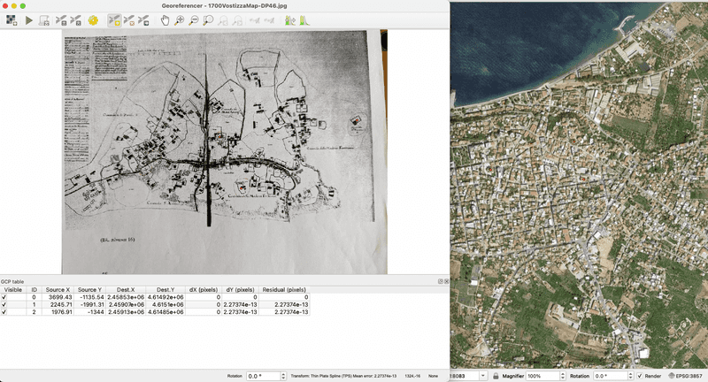 Split screen view of 1700 map and modern map of Aigio showing red dots at locations found on both maps.