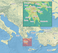 Map of Eastern Mediterranean Sea with an inset map of the Peloponnese with the locations of Venice, Constantinople, Vienna, Nicaea, Ankara, Corfu, Gallipoli, Cyprus, Crete, Corinth, Vostitsa, Patras, Modon, Coron, Mistra, Monemvasia, Delphi, Thebes, Athens, Naupaktos, Argos, Nauplio, Navarino, and Glarentza indicated.