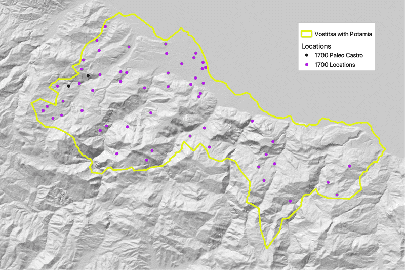 Map of 1700 locations for Vostitsa, including 2 paleo castro locations, along with Vostitsa 1700 boundary.