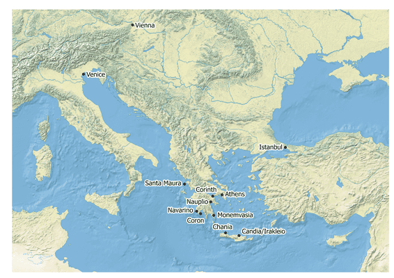 Map of Eastern Mediterranean Sea with the locations of Venice, Istanbul, Vienna,  Corinth, Coron, Monemvasia, Athens, Nauplio, Navarino, Santa Maura, Chania, and Candia/Irakleio indicated.