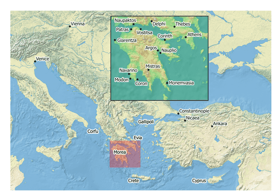 Map of Eastern Mediterranean Sea with an inset map of the Peloponnese with the locations of Venice, Constantinople, Vienna, Nicaea, Ankara, Corfu, Gallipoli, Cyprus, Crete, Corinth, Vostitsa, Patras, Modon, Coron, Mistra, Monemvasia, Delphi, Thebes, Athens, Naupaktos, Argos, Nauplio, Navarino, and Glarentza indicated.