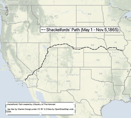 Map of Shackelfords' 1865 route.