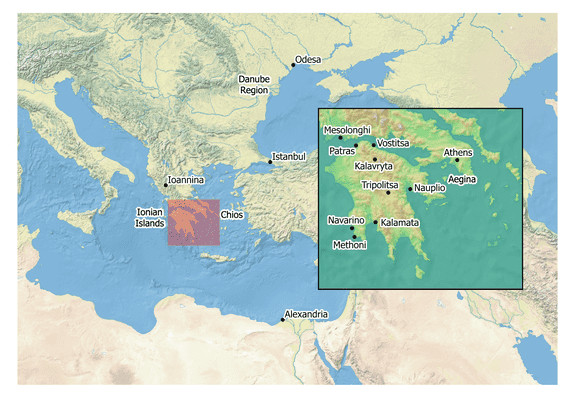 Map of Eastern Mediterranean and Black Seas with the locations of Istanbul, Odesa, Alexandria Egypt, Ioannina, Vostitsa, Patras, Kalavryta, Navarino, Methoni, Tripolis, Nauplio, Athens and Kalamata indicated.