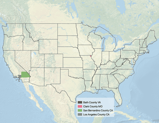 Map of the United States from East Coast to Texas with Culpeper and Stafford counties in Virginia, Boone and Clark Counties in Missouri, and Tarrant and Bosque counties in Texas indicated.