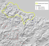 Map of northern Peloponnese with outline of Venetian Vostitsa villas (1700), and locations for 1463 Vostitsa, 1463 Kalavryta, and 1910 Vostitsa