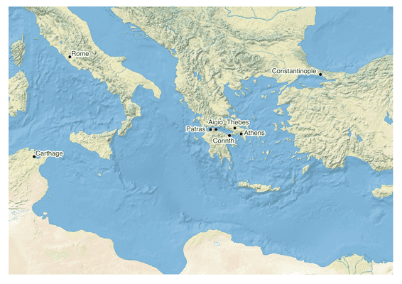 Map of the central Mediterranean centered on Greece with markers at Carthage, Rome, Patras, Aigio, Corinth, Thebes, Athens, and Constantinople.