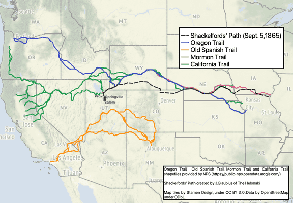 Oregon, California, Mormon trails across western United States.