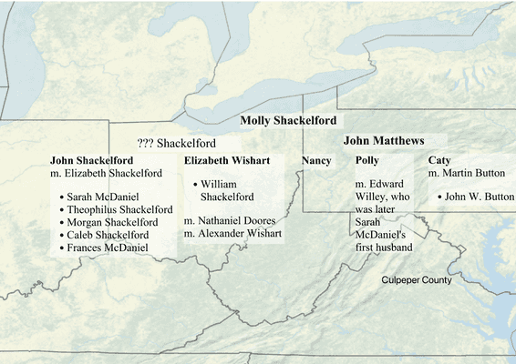 Map of the middle of the United States from Kentucky to Missouri with Scott Co., Kentucky and Boone, Shelby, and Clark Counties in Missouri outlined in blue.