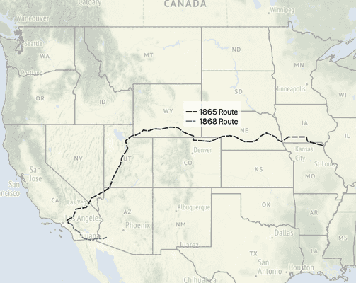 Map of the Western United States showing 1865 and 1868 Shackelford routes.