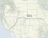 Map of the Western United States showing 1865 and 1868 Shackelford routes.