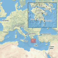 Map of Europe, the Middle East, and North Africa centered on the Mediterranean Sea with an inset map of the Peloponnese and Central Greece with the locations of Normandy, Sicily, Bari, Venice, Durrazzo, Constantinople, Crusader States, Crete, Thebes, Athens, Corinth, Vostitsa, Patras, Modon, Coron, Sparta, and Monemvasia.