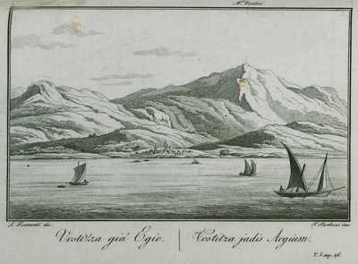 Drawing of mountain with town near the coast and boats on the water.