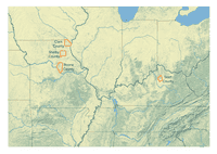 Map of the middle of the United States from Kentucky to Missouri with Scott Co., Kentucky and Boone, Shelby, and Clark Counties in Missouri outlined in blue.