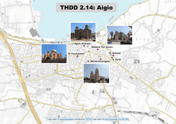 Map of Aigio with locations of 6 churches indicated and pictures of 4 of the churches.