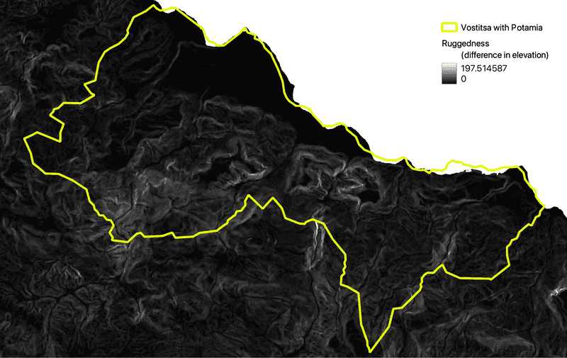 Map of Vostitsa with ruggedness indicated.