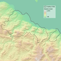 Map of terrain in northern Peloponnese with outline of Vostitsa territory in 1700.