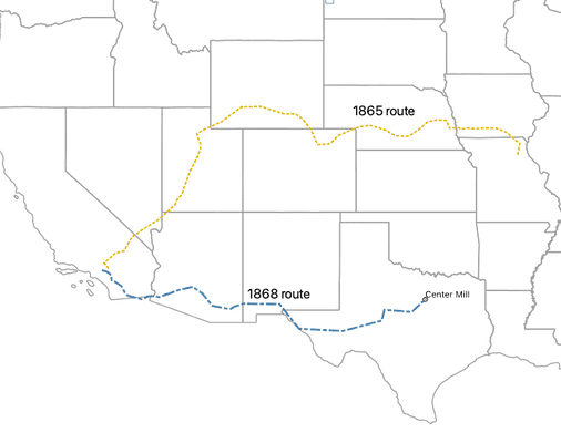 Map of the Western United States showing 1865 and 1868 routes for Shackelford family.