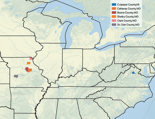 Map of the middle of the United States from Kentucky to Missouri with Scott Co., Kentucky and Boone, Shelby, and Clark Counties in Missouri outlined in blue.