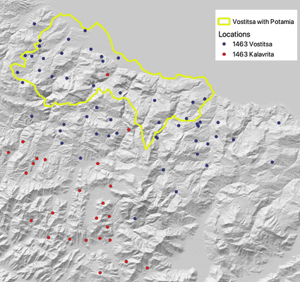 Map of northern Peloponnese with outline of Venetian Vostitsa villas (1700), and locations for 1463 Vostitsa, 1463 Kalavryta, and 1910 Vostitsa