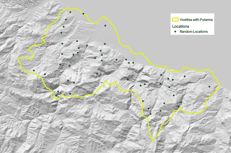 Map of 50 random locations for Vostitsa along with Vostitsa 1700 boundary.