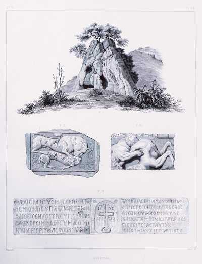 Drawings of a cave, two partial reliefs, and an inscription.