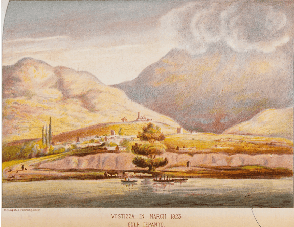 Painting of town of Vostitsa or Aigio in 1823 with large plane tree along the harbor.