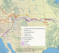 Map of the western United States with Shackelford 1865 route in purple and 1868 route in orange.