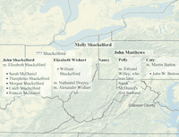 Map of the middle of the United States from Kentucky to Missouri with Scott Co., Kentucky and Boone, Shelby, and Clark Counties in Missouri outlined in blue.