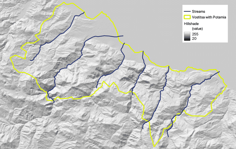 Map of Vostitsa with six streams indicated in blue on a hillshade background.