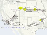 Map of the Western United States showing 1865 and 1868 locations where Shackelfords passed through and unclear portions of the routes.