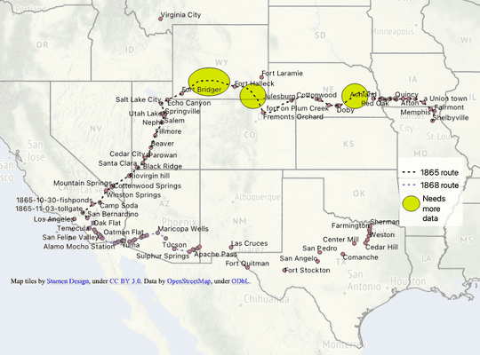 Map of the Western United States showing 1865 and 1868 locations where Shackelfords passed through and unclear portions of the routes.