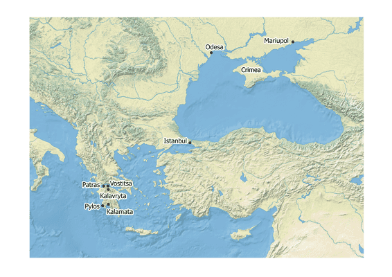 Map of Eastern Mediterranean and Black Seas with the locations of Istanbul, Crimea, Mariupol, Odesa, Vostitsa, Patras, Kalavryta, Pylos, and Kalamata indicated.