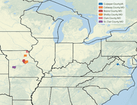 Map of the middle of the United States from Kentucky to Missouri with Scott Co., Kentucky and Boone, Shelby, and Clark Counties in Missouri outlined in blue.