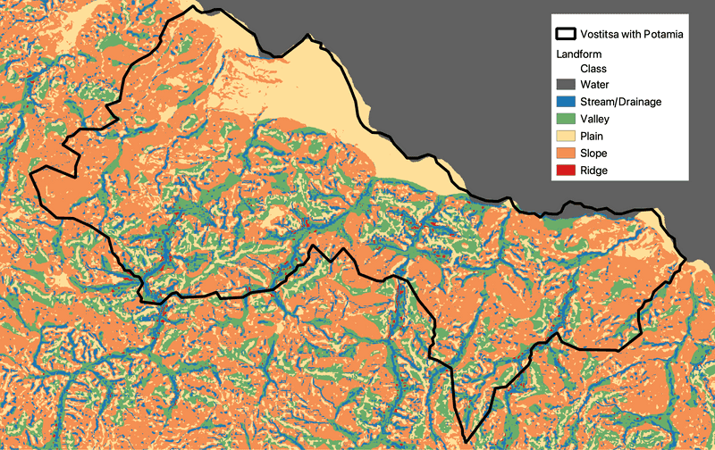 Map of Vostitsa with the landforms of water, stream or drainage, valley, plain, slope, and ridge indicated.