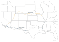 Map of the Western United States showing 1865 and 1868 routes for Shackelford family.