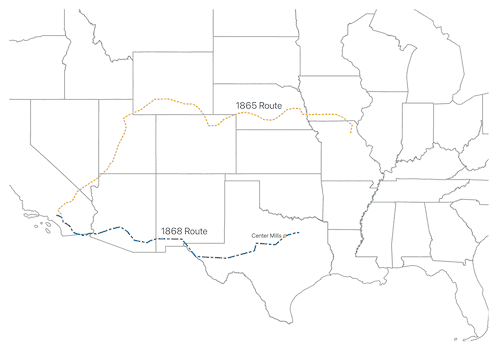 Map of the Western United States showing 1865 and 1868 routes for Shackelford family.