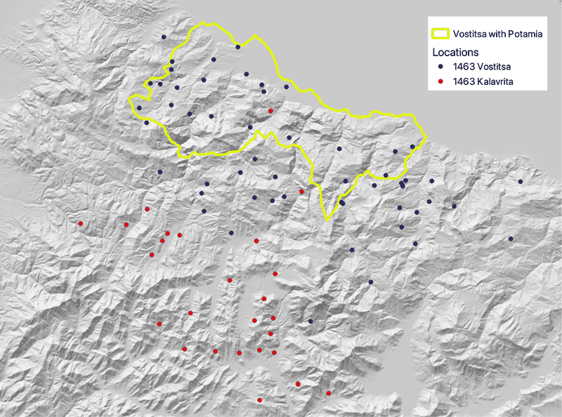 Map of 1463 locations for Vostitsa and Kalavryta along with Vostitsa 1700 boundary.