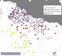 Map of northern Peloponnese with outline of Venetian Vostitsa villas (1700), and locations for 1463 Vostitsa, 1463 Kalavryta, and 1910 Vostitsa