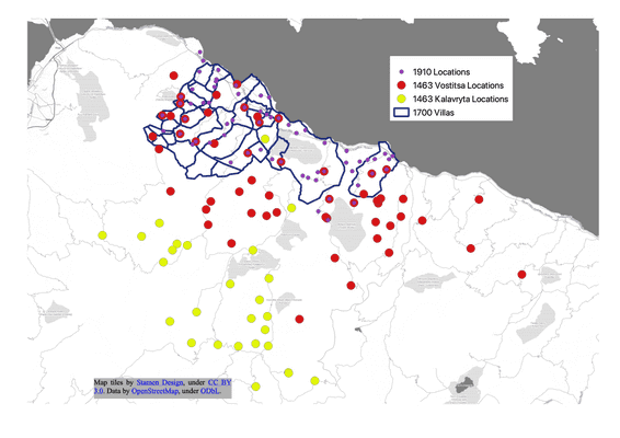 Map of northern Peloponnese with outline of Venetian Vostitsa villas (1700), and locations for 1463 Vostitsa, 1463 Kalavryta, and 1910 Vostitsa