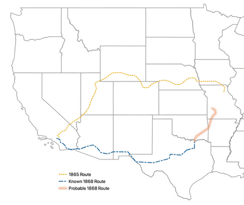 Map of the Western United States showing 1865 and 1868 routes for Shackelford family.