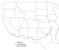 Map of the Western United States showing 1865 and 1868 routes for Shackelford family.